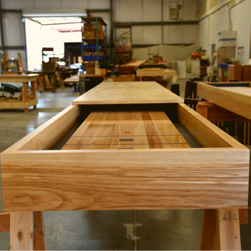 Outdoor shuffleboard table clearance with dining top